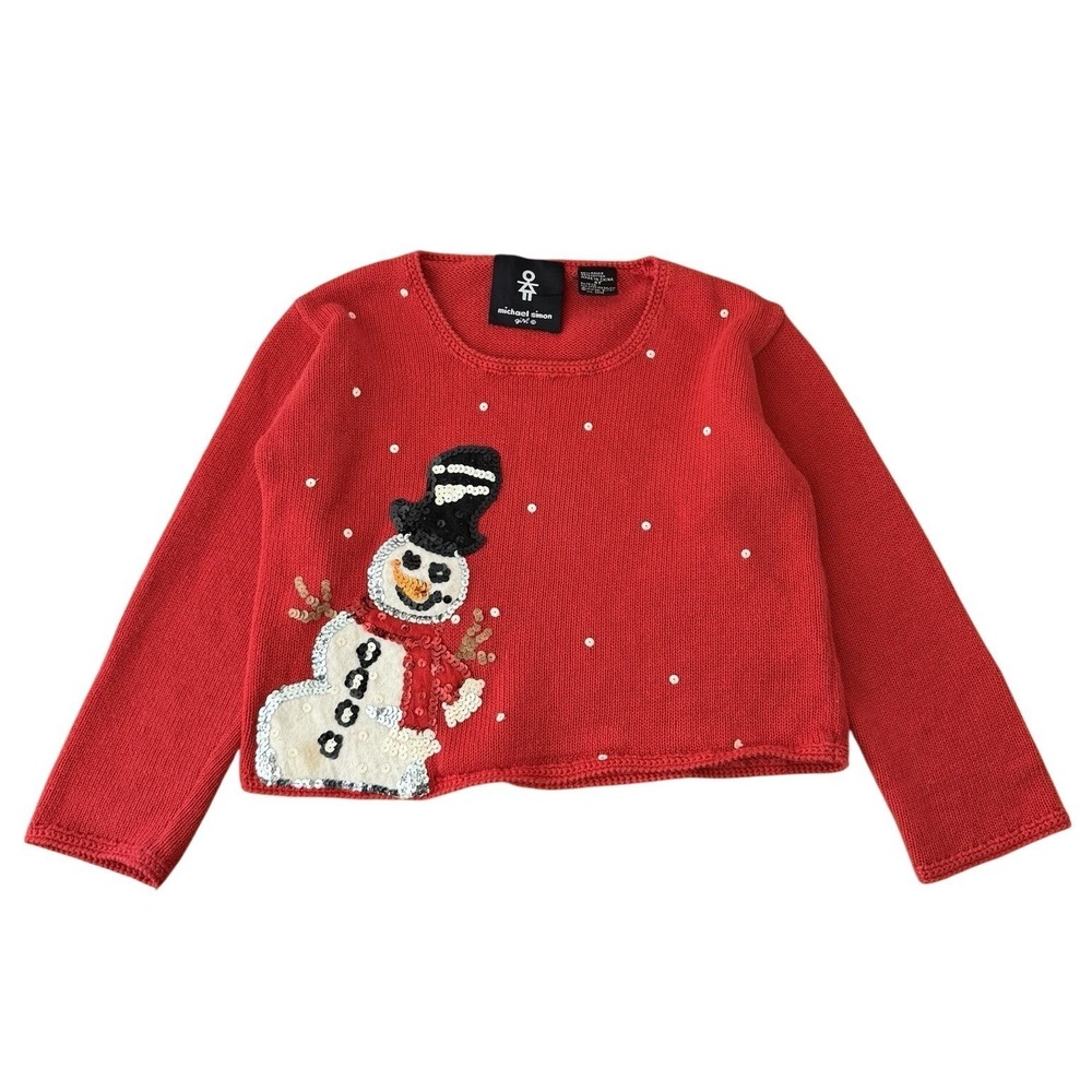 Michael Simon Girl 4T Red Snowman Sequin Sweater Christmas Holiday Y2K